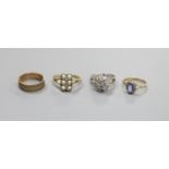 Two 9ct gold and gem set dress rings including white gold & diamond chip, a 9ct wedding band, gross