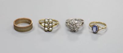 Two 9ct gold and gem set dress rings including white gold & diamond chip, a 9ct wedding band, gross