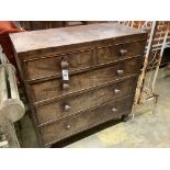 A Regency faded mahogany five drawer chest, af, width 92cm, depth 43cm, height 92cm