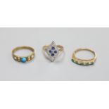 Three assorted modern 9ct gold and gem set rings including sapphire and diamond chip & turquoise &