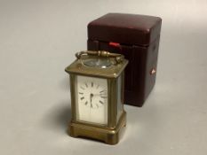 A French brass miniature carriage timepiece,height 7cm