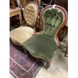 A Victorian mahogany spoon back nursing chair and a Victorian walnut spoonback nursing chair