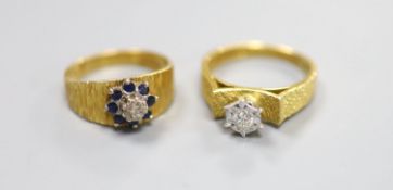 A modern 18ct gold and illusion set solitaire diamond ring, size M/N and an 18ct, sapphire &