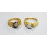 A modern 18ct gold and illusion set solitaire diamond ring, size M/N and an 18ct, sapphire &