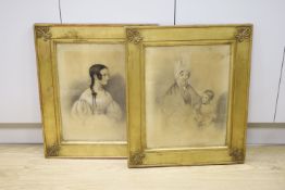 Victorian School, pair of charcoal and chalk, Portraits of Martha Gillet (1798-1882), 48 x 38cm,