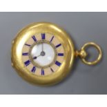 A continental 18k and enamel keywind half hunter pocket watch,case diameter 34mm, gross weight 32.2