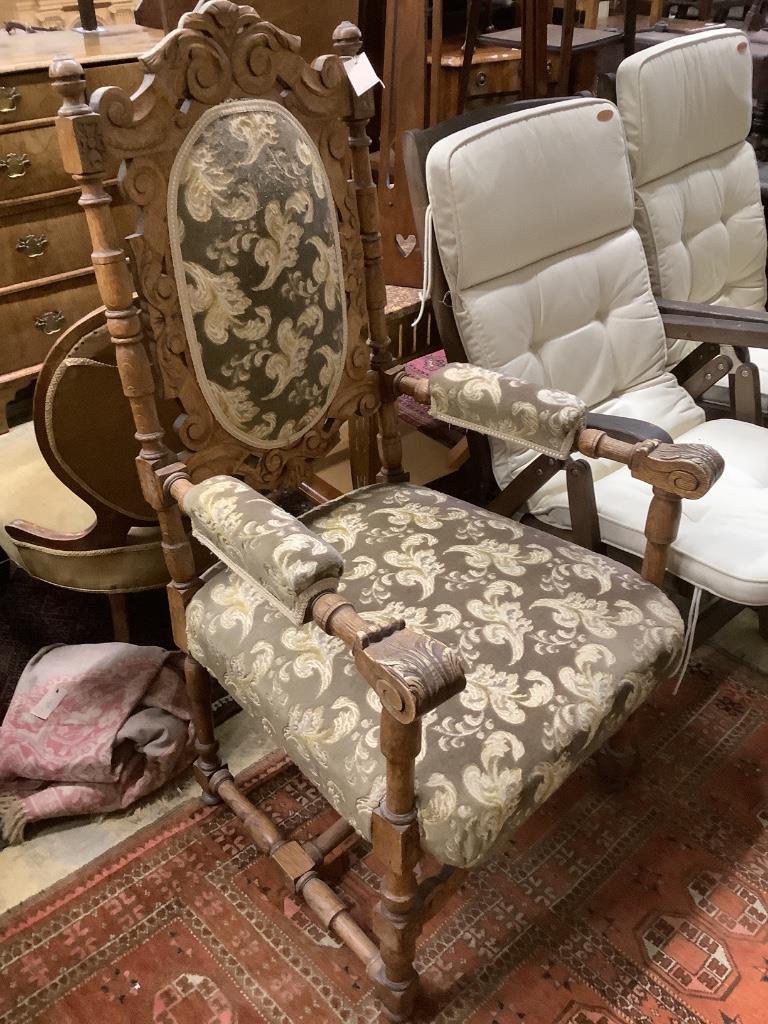 A Victorian mahogany buttonback nursing chair and a carved oak armchair - Image 3 of 3