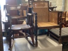 A Victorian mahogany child's rocking chair, height 60cm and a 1920's child's caned armchair, height