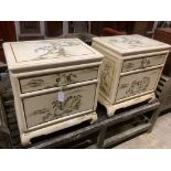 A pair of painted Chinese style bedside cabinets, width 56cm, depth 40cm, height 60cm