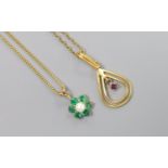 Two modern 9ct gold and gem set pendants on 9ct chains, including emerald & seed pearl cluster,