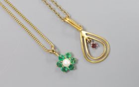 Two modern 9ct gold and gem set pendants on 9ct chains, including emerald & seed pearl cluster,