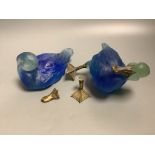 Two blue glass Daum ducks, signed