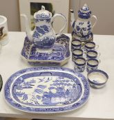 A Wedgwood blue and white willow pattern meat dish, a Copeland Spode Tower pattern square shaped
