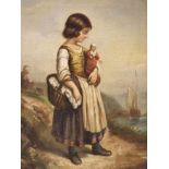 19th century French School, oil on canvas, Girl holding a doll standing upon the seashore, 21 x