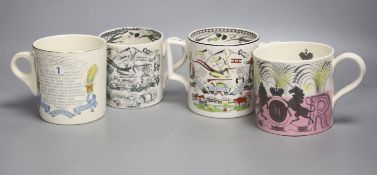 An Eric Ravilious Elizabeth II coronation mug and three 'speed the plough' mugs