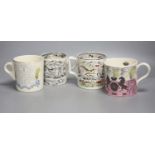 An Eric Ravilious Elizabeth II coronation mug and three 'speed the plough' mugs