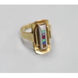 A stylish mid 20th century 585 yellow metal and multi gem set rectangular 'Dearest' ring,in a
