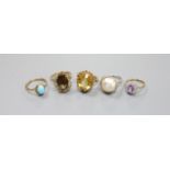 Five assorted modern 9ct gold and gem set rings, including turquoise, mabe pearl and citrine,gross