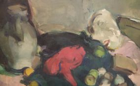 Dutch School, oil on canvas, Still life with Venetian masks and apples, 51 x 76cm, unframed