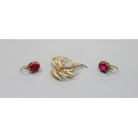 A modern 9ct gold and gem set floral spray brooch, 36mm and a pair of continental yellow metal and