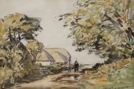 James McBey (1883-1959), ink and watercolour, Figures in a lane, Littlehampton, signed and dated