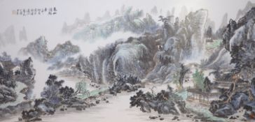 Chinese School, watercolour on paper laid on silk, Extensive landscape, 68 x 138cm