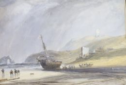 Copley Fielding (1787-1855), watercolour, Beached ship and figures on the coast, 51 x 73cm
