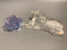 A Lalique model of two recumbent cats and a blue glass Daum rose