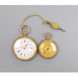 A lady's early 20th century continental 14k open faced pocket watch and a similar 9ct gold fob