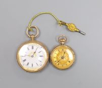 A lady's early 20th century continental 14k open faced pocket watch and a similar 9ct gold fob