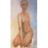 Modern British, oil on board, Study of a kneeling nude, 61 x 34cm, unframed