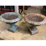 A pair of Victorian cast iron campana garden urns, 54cm diameter, height 48cm