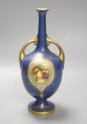 A Royal Worcester fruit painted two handled blue ground vase, 23cm high (neck broken and badly re-