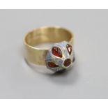 A modern 9ct gold, six stone garnet and enamel set domed top 'button' dress ring (adapted),size N/