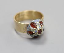 A modern 9ct gold, six stone garnet and enamel set domed top 'button' dress ring (adapted),size N/