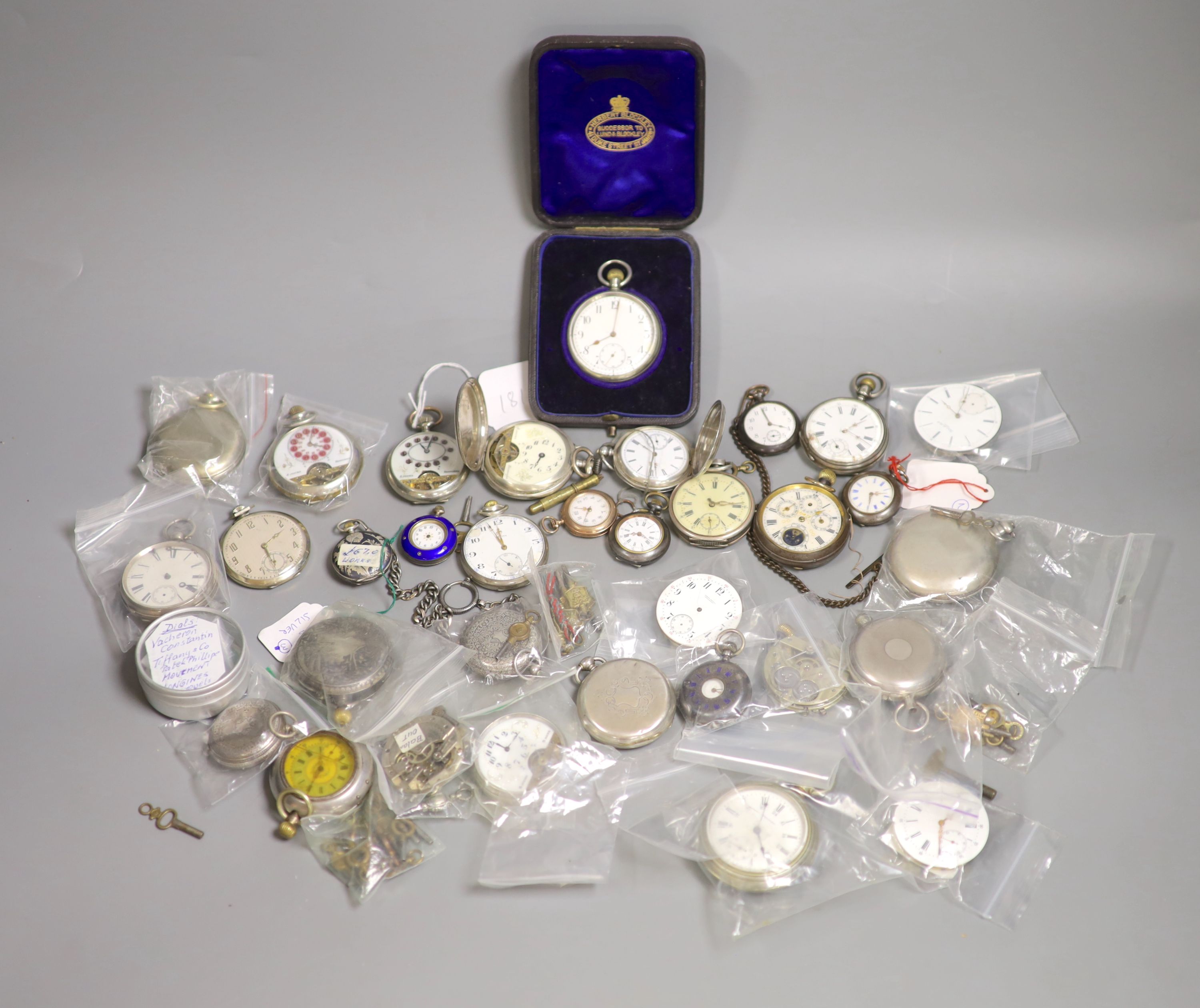 A quantity of pocket watches, movements etc. including three Hebdomas, one 800 standard, a Zenith,