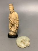 A 19th century Chinese ivory figure and a bowenite jade carving17cm