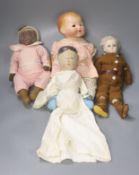 A collection of four dolls including an AM bisque head doll, height 38cm