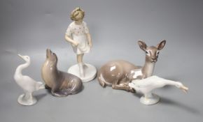 Five Royal Copenhagen and other Danish porcelain models of animals, etc., tallest 9cm