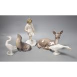 Five Royal Copenhagen and other Danish porcelain models of animals, etc., tallest 9cm