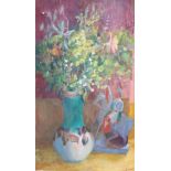 Edna Ginesi (1902-2000), oil on canvas, Still life of flowers in a vase with a figure alongside,