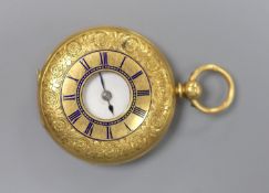 A late 19th century engraved 18ct gold half hunter keywind pocket watch,case diameter 40mm, gross