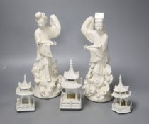 Two blanc de chine figures and three others, tallest 28cm