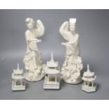 Two blanc de chine figures and three others, tallest 28cm