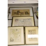A Blome engraved Map of Surrey, 27 x 32cm, two other maps and engraving of Lantony Abbey