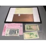 A group of bank notes and a copper plate for Framjee Sands & Co., Bombay