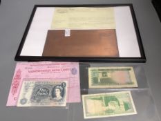 A group of bank notes and a copper plate for Framjee Sands & Co., Bombay
