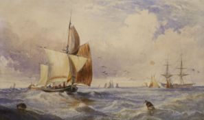 19th century English School, watercolour, Shipping off the coast, 15 x 26cm