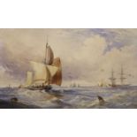 19th century English School, watercolour, Shipping off the coast, 15 x 26cm