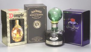 One bottle of Jack Daniels Select whiskey, one bottle of Dimple de Luxe, one bottle Crown Royal